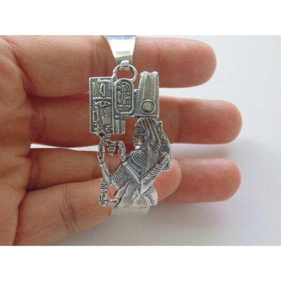 925 Sterling Silver Bracelet Bangle Egyptian Revival Pharaoh Queen Nefertiti 7" - Picture 1 of 10